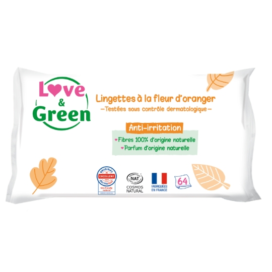 Lingettes bébé Parfumées Fleur D'Oranger Biodégradables Fibres Naturelles LOVE & GREEN