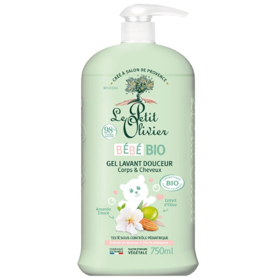 Gel douche bébé Corps et Cheveux Amande Douce Olive Bio Peaux Sensibles LE PETIT OLIVIER
