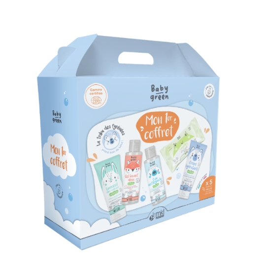 Mon 1er Coffret Composé de : Liniment Oléo-Calcaire 100ml, Gel Lavant Doux 100ml, Eau Nettoyante 100ml , 1 Paquet de 56 Lingettes, Crème Hydratante 100ml MKL GREEN NATURE