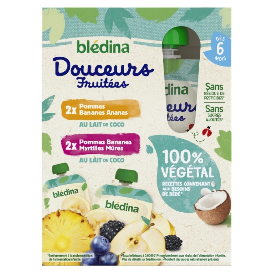 Compote bébé dès 6 mois Pommes Bananes Ananas Lait de Coco et Pommes Bananes Myrtilles Mûres Végétale BLEDINA