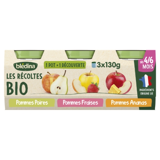 Compote bébé dès 4/6 mois Pomme Poire Fraise Ananas Bio Les Récoltes BLEDINA