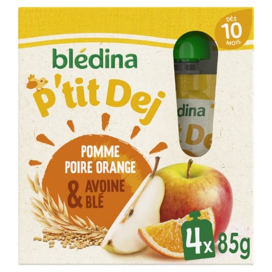 Compote bébé dès 10 mois Pomme Poire Orange Avoine Blé P'tit Dej BLEDINA