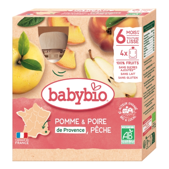 Compote bébé dès 6 Mois Pomme Poire Pêche Sans Sucres Ajoutés Bio BABYBIO