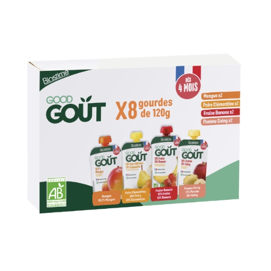 Compote Bébé en Gourde dès 4 mois Mangue Poire Clémentine Fraise Banane Pomme Coing Bio Biostime GOOD GOUT