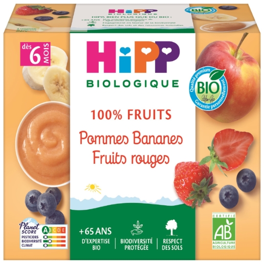 Compote bébé dès 6 mois Pomme Banane Fruits Rouges Sans Sucres Ajoutés Bio HIPP BIOLOGIQUE