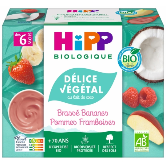 Dessert lacté bébé Brassé dès 6 mois Banane Pomme Framboise Bio HIPP BIOLOGIQUE
