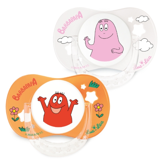 Sucettes Physiologiques Avec Anneau Silicone 18+ Mois Barbapapa Blanc Orange LUC ET LEA
