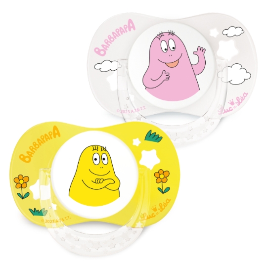 Sucettes Silicone 6-18 Mois Physiologiques Avec Anneau Jaune Rose Barbapapa LUC ET LEA