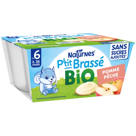 Dessert lacté bébé dès 6 mois Pomme Pêche Bio P'tit Brassé NATURNES