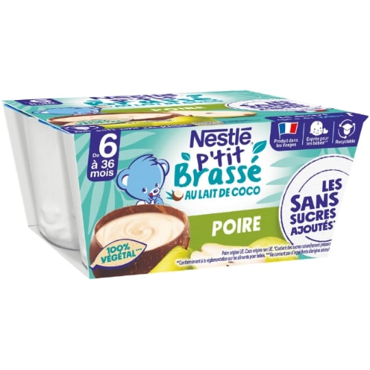 Dessert lacté bébé dès 6 mois Lait de Coco Poire P'tit Brassé Végétal NATURNES