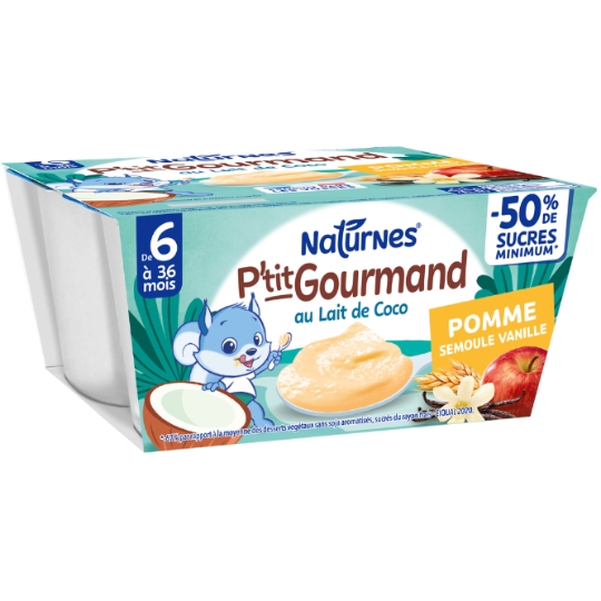 Dessert lacté bébé dès 6 mois Semoule Lait de Coco Pomme Vanille P'tit Gourmand Végétal NATURNES