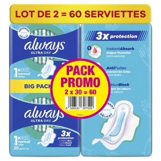 Serviettes Hygiéniques Ultra Day Avec Ailettes Normal Taille 1 ALWAYS