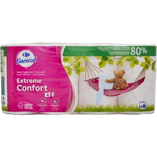 Papier hygiénique  ultra doux, moelleux et 80% de matières recyclées CARREFOUR ESSENTIAL