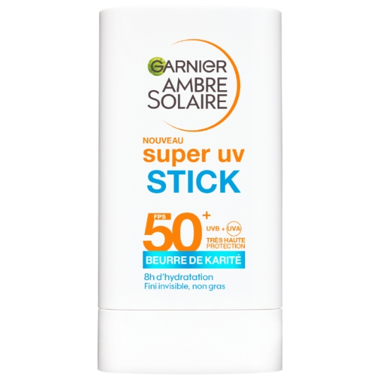 Crème solaire Stick Visage Spf50+ Très Haute Protection Super Uv au Beurre de Karité Acide Hyaluronique Ambre Solaire GARNIER
