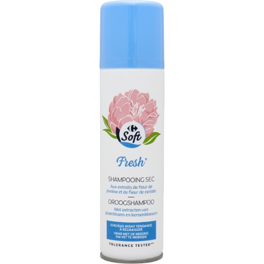 Shampoing sec rafraîchissant, tolérance testée sous contrôle dermatologique et aux extraits de fleur de pivoine CARREFOUR SOFT