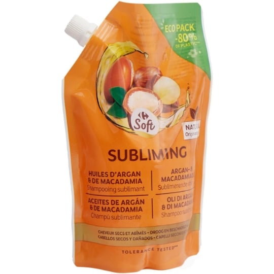 Shampoing Sublimant pour Cheveux secs et abîmés Huiles D'argan & de Macadamia CARREFOUR SOFT