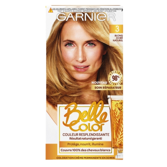 Coloration Permanente 3 Blond Doré Naturel Couvre 100% Cheveux Blancs Belle Color GARNIER