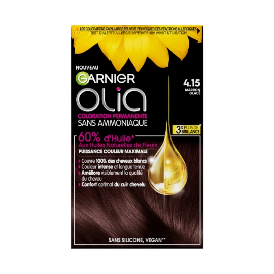 Coloration Permanente 4.15 Marron Glacé Sans Ammoniaque Activée Par L'Huile Olia GARNIER