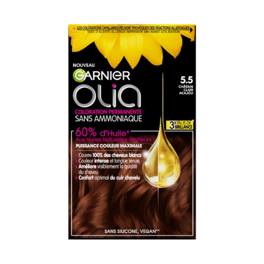 Coloration Permanente 5.5 Châtain Clair Acajou Sans Ammoniaque Activée Par L'Huile Olia GARNIER