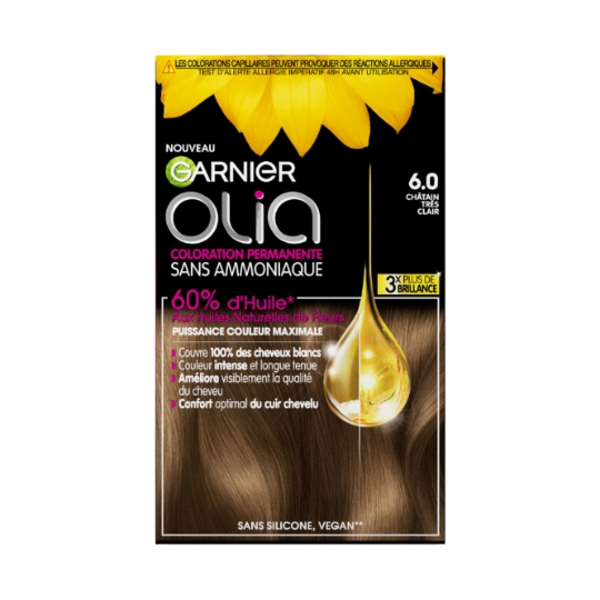 Coloration Permanente 6.0 Châtain Très Clair Sans Ammoniaque Activée Par L'Huile Couvre 100% Cheveux Blancs Olia GARNIER