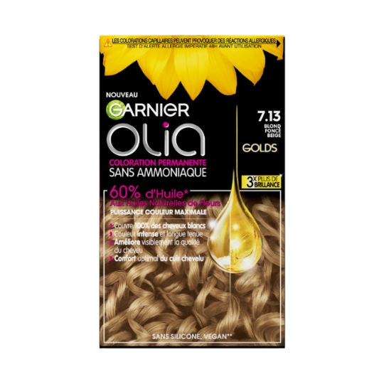 Coloration Permanente Sans Amoniaque 7.13 Blond Beige Foncé Activée par l'Huile Olia GARNIER