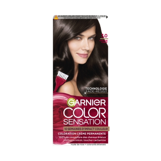 Coloration Permanente 3.0 Châtain Foncé Fade-Resist Couvre 100% Cheveux Blancs Color Sensation GARNIER
