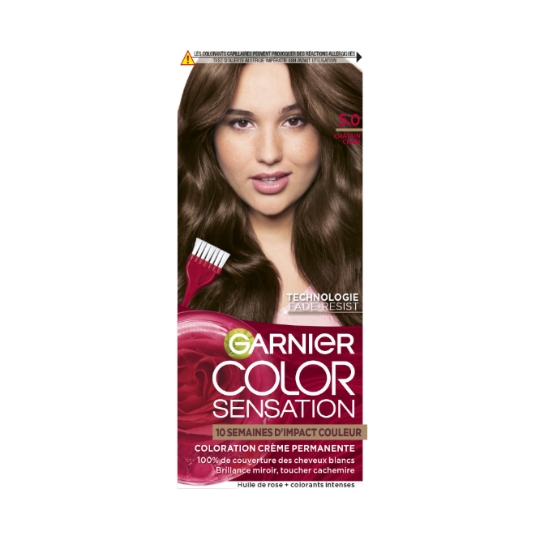Coloration Permanente 5.0 Châtain Clair Fade-Resist Couvre 100% Cheveux Blancs Color Sensation GARNIER
