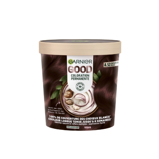 Coloration Permanente 4.52 Châtain Acajou Prune Sans Ammoniaque Crémeuse 100% Couverture Cheveux Blancs Longue Durée Vegan Good GARNIER