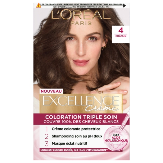Coloration 4 Châtain Triple Soin Couvre 100% Cheveux Blancs Excellence Crème L'OREAL PARIS