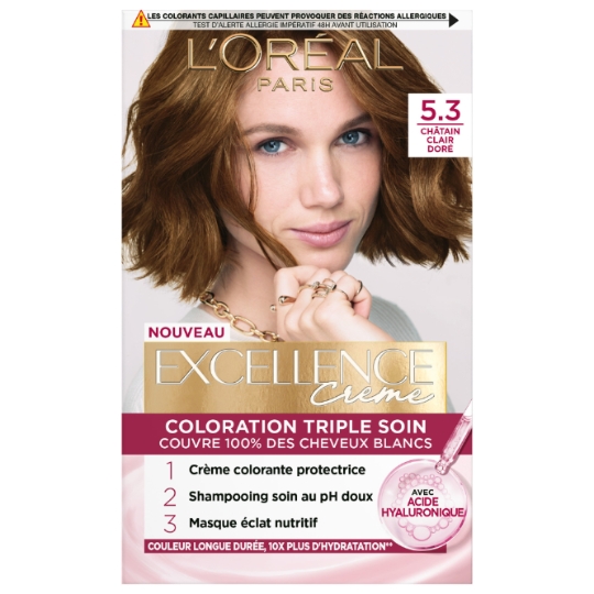 Coloration 5.3 Châtain Clair Doré Enrichie en Acide Hyaluronique Hydratation Longue Durée Excellence Crème L'OREAL PARIS