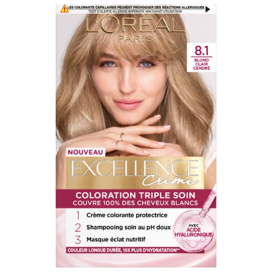 Coloration 8.1 Blond Clair Cendré Soin Triple Acide Hyaluronique Excellence Creme L'OREAL PARIS