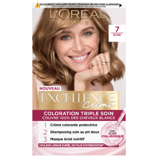 Coloration 7 Blond Enrichie En Acide Hyaluronique Couvre 100% Cheveux Blancs Excellence Crème L'OREAL PARIS