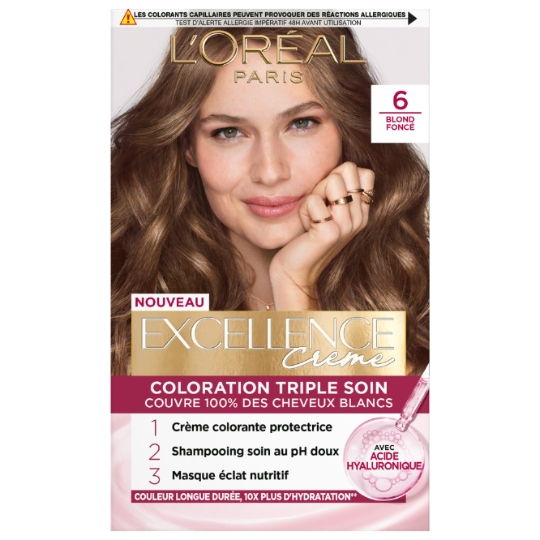 Coloration 6 Blond Foncé Acide Hyaluronique Couvre 100% Cheveux Blancs Excellence Crème L'OREAL PARIS