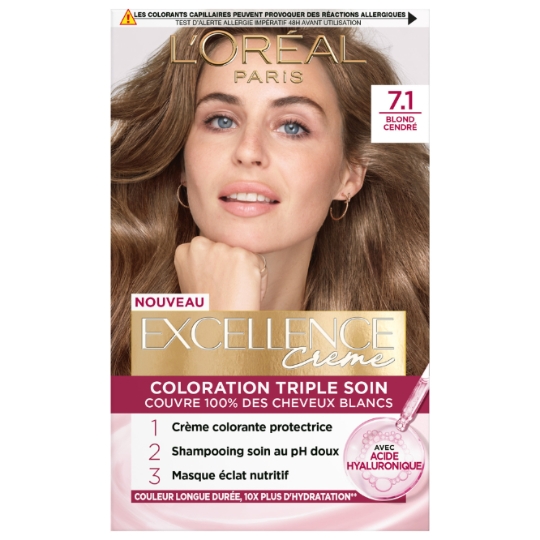 Coloration 7.1 Blond Cendré Soin Triple Action Couvre 100% Cheveux Blancs Excellence L'OREAL PARIS