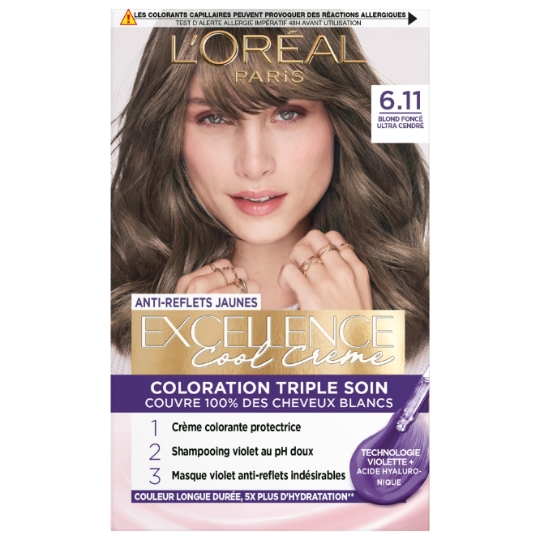 Coloration 6.11 Blond Foncé Ultra Cendré Triple Soin Anti-reflets Jaunes Excellence L'OREAL PARIS
