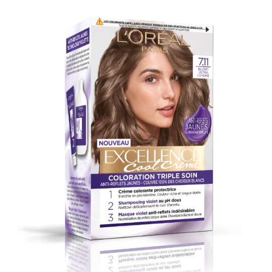 Coloration Permanente 7.11 Blond Ultra Cendré Triple Soin Couvre 100% Cheveux Blancs Excellence L'OREAL PARIS