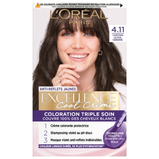 Coloration Permanente 4.11 Châtain Ultra Cendré Triple Soin Anti-Reflets Jaunes Excellence Cool Crème L'OREAL PARIS
