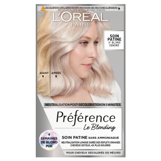 Coloration Permanente Blond Cendré 01 Soin Patine Post-Décoloration Neutralisation Longue Durée Préférence L'OREAL PARIS