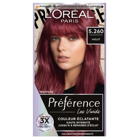 Coloration Permanente 5.260 Violet Couleur Éclatante Haute Intensité Jusqu'à 8 Semaines D'éclat Cheveux 3x Plus Brillants Les Vivids Préférence L'OREAL PARIS