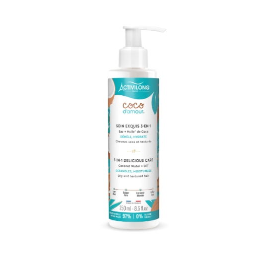 Soin cheveux Exquis 3 en 1 Démêlant Hydratant Nourrissant Cheveux Secs et Texturés à l'Eau et Huile de Coco Bio ACTIVILONG