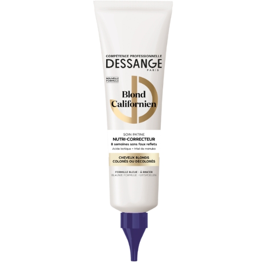 Soin Cheveux Nutri-Correcteur Patine Cheveux Blonds Colorés ou Décolorés Sans Faux Reflets à l'Acide Lactique et Miel de Manuka Formule Bleue À Rincer Gamme Blond Californien DESSANGE