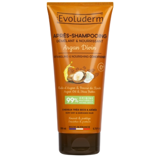 Après-Shampoing Démêlant Nourrissant pour Cheveux très secs ou abîmés Huile d'Argan et Beurre de Karité Argan Divin EVOLUDERM