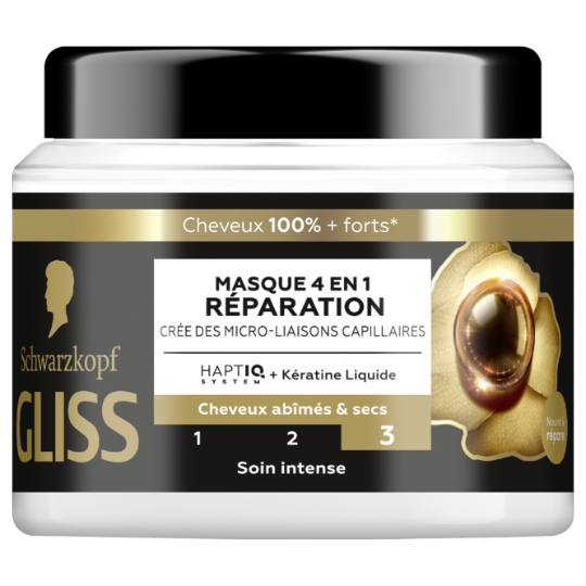Soin cheveux Intense Masque 4en1 Réparation pour Cheveux Secs et Abîmés Gliss GLISS