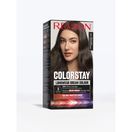 Coloration Permanente 3 Châtain Foncé Profond Crème Longue Durée Booster de Couleur Couvre 100% Cheveux Blancs ColorStay REVLON