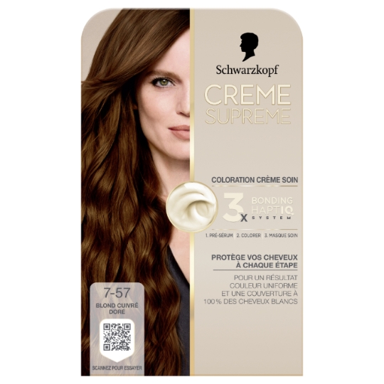 Coloration 7-57 Blond Cuivré Doré Couvre 100% Cheveux Blancs Crème Supreme SCHWARZKOPF