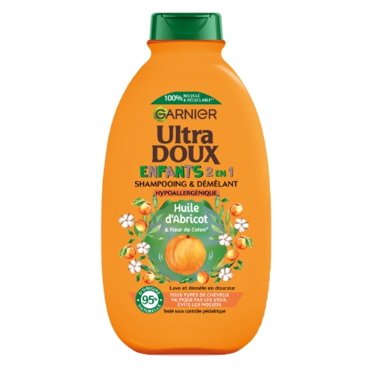 Shampoing Enfant 2en1 Démêlant hypoallergénique pour Tous types de cheveux Abricot et fleur de coton ULTRA DOUX