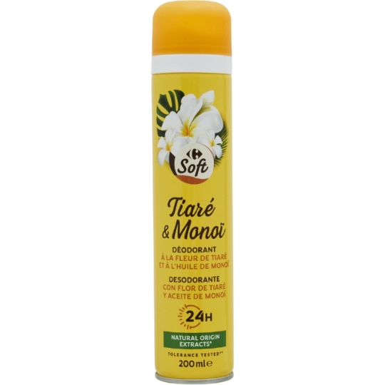Déodorant Spray Femme Efficacité 24h à la Fleur de Thiaré et à l'Huile de Monoi CARREFOUR SOFT
