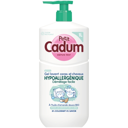 Gel Lavant Corps et Cheveux Hyppoallergénique Démêlage Facile à l'Huile d'Amande Douce Bio pour les Enfants Dès 3 Ans CADUM