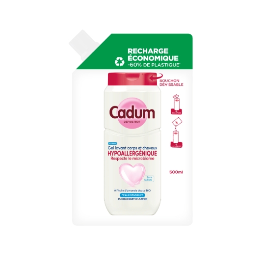 Recharge de Gel Lavant pour Corps et Cheveux Hypoallergénique à l'Huile d'Amande Douce Bio pour Peaux Sensibles CADUM