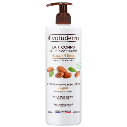 Lait Ultra-Nourrissant Corps Peaux Très Sèches Argan Divin Huile d'Argan Beurre de Karité EVOLUDERM